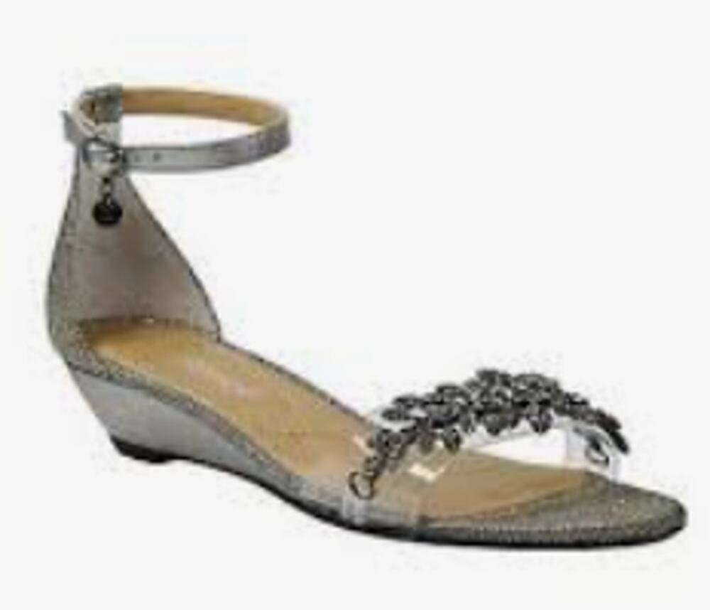 J.Renee Eviana Pewter Rhinestone Ankle Strap Wedge Sandal Gray Silver Size 9 N
